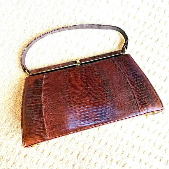 VTG Lizard Snake Alligator Skin Purse Caramel Brown Textured Leather Pocketbook